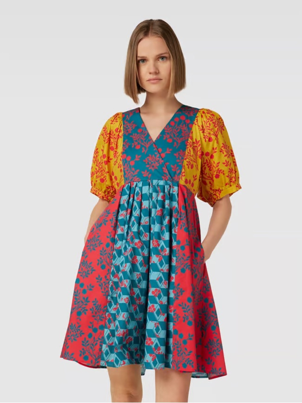 Weekend Max Mara Brenda 100% Cotton Patchwork V-Neck Mini Dress